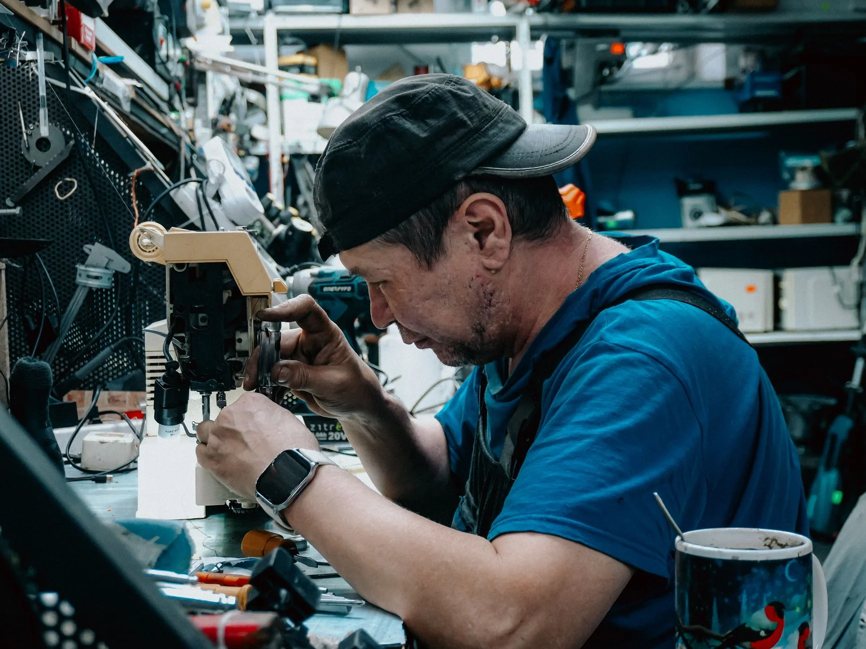 Focused man wearing cap repairs sewing machine in cluttered workshop. – Foto: Bulat843 🌙 / Pexels